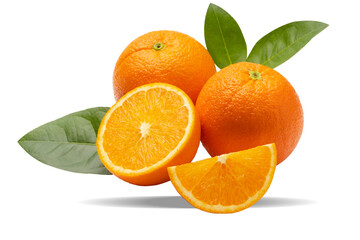 Fototapeta na wymiar Orange sliced and leaves on white background with clipping path , Ripe orange fruits