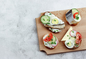 Assorted sandwiches with vegetables and fish on the wooden cutting board on a light gray background. Top view, flat lay