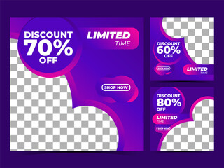 Square banner template business. Pink and purple background color. Suitable for social media post, discount and web internet ads. Vector illustration with photo collage. Modern Graphic Template Banner
