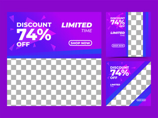 Square banner template business. Pink and purple background color. Suitable for social media post, discount and web internet ads. Vector illustration with photo collage. Modern Graphic Template Banner