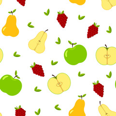 Seamless pattern  with whole and cut summer fruit, leaves, berries. Green apple, yellow pear, red raspberry, half of apple and half of pear, with seeds. Fresh and juicy vegetarian healthy food. Simple