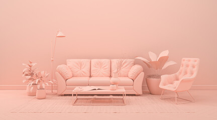 Interior room in plain monochrome pinkish orange color with furnitures and room accessories. 3D rendering for web page, presentation or picture frame backgrounds.