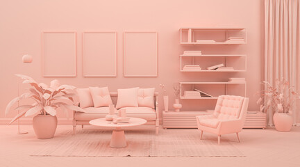 Interior room in plain monochrome pinkish orange color with furnitures and room accessories. 3D rendering for web page, presentation or picture frame backgrounds. - obrazy, fototapety, plakaty