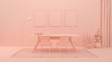 Interior room in plain monochrome pinkish orange color with furnitures and room accessories. 3D rendering for web page, presentation or picture frame backgrounds.