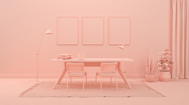 Interior room in plain monochrome pinkish orange color with furnitures and room accessories. 3D rendering for web page, presentation or picture frame backgrounds.