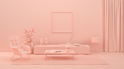 picture frame mock-up room in monochrome pinkish orange color with furnitures and room accessories  for web page, presentation or picture frame backgrounds, 3D rendering - obrazy, fototapety, plakaty