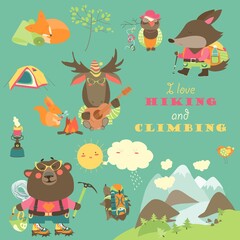 Set of cartoon characters and mountaineering elements
