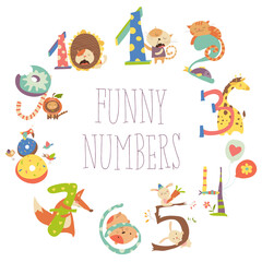 Set of Birthday Anniversary Numbers with Funny Animals