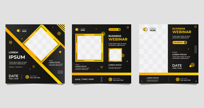 Square Social media post template. Set of webinar vector graphics, black and yellow background