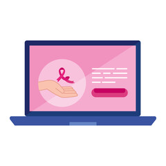 pink ribbon over hand in laptop of breast cancer awareness design, campaign and prevention theme Vector illustration