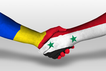 Handshake between syria and romania flags painted on hands, illustration with clipping path.