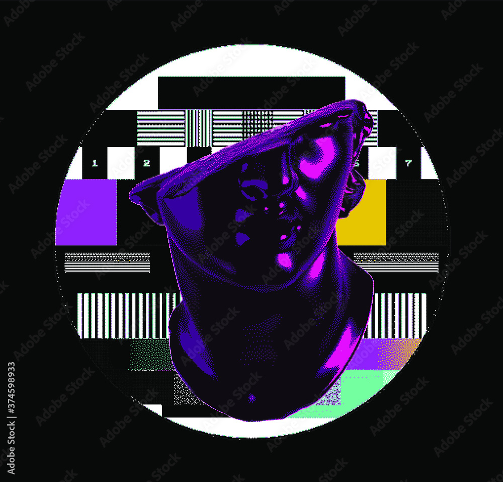 Poster fragmentary marble of plaster bust in bitmap pixel art style. vaporwave and cyberpunk aesthetics fro