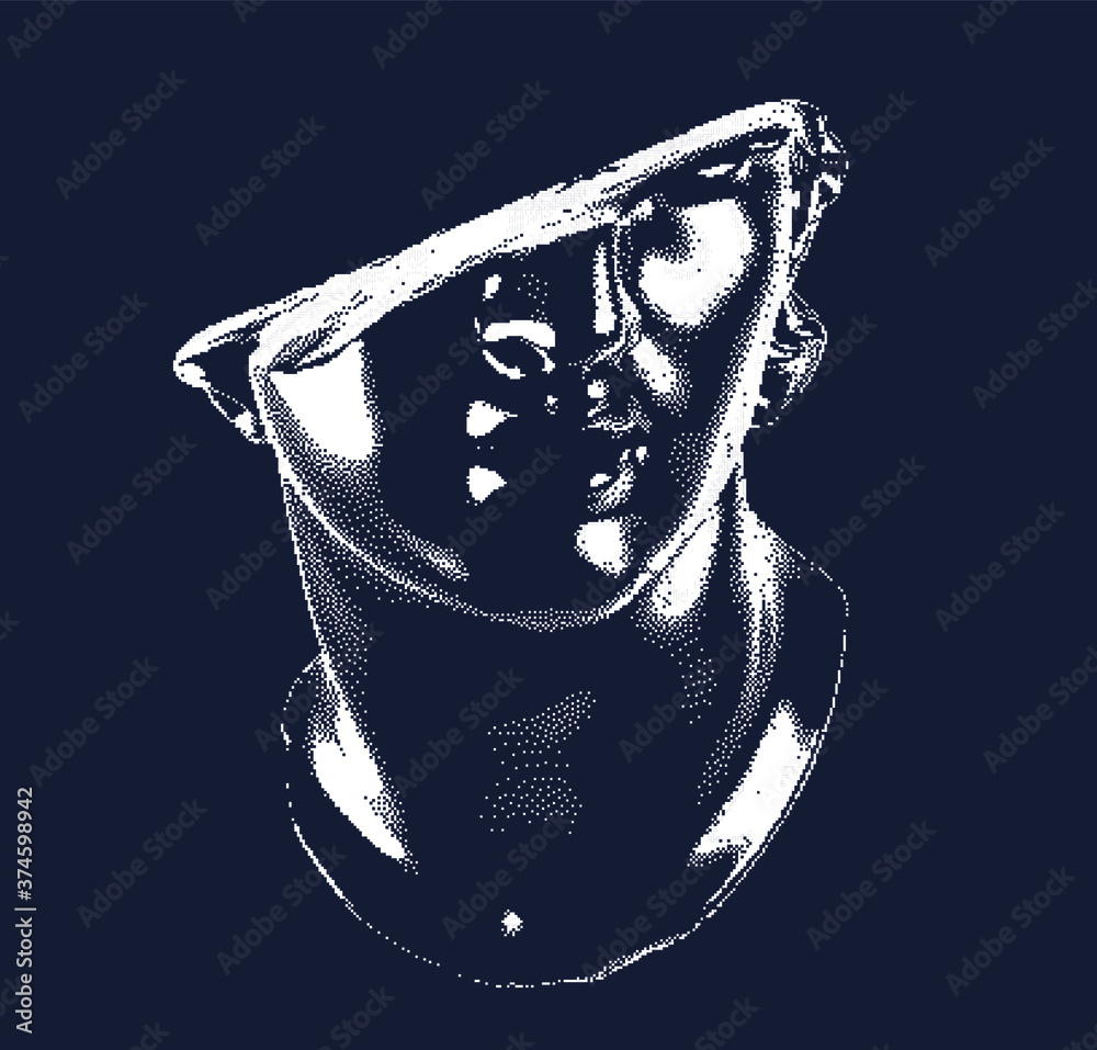 Poster fragmentary marble of plaster bust in bitmap pixel art style. vaporwave and cyberpunk aesthetics fro