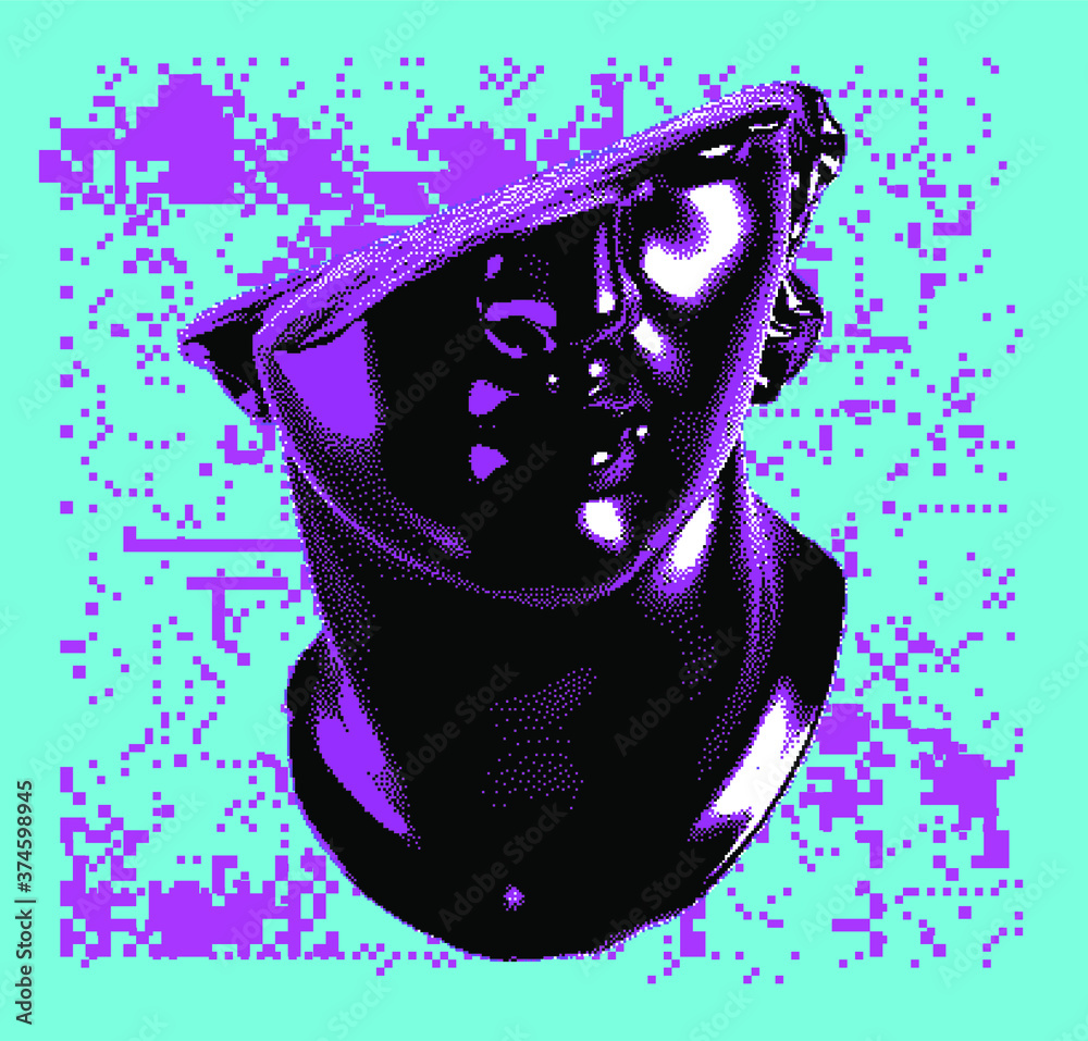 Poster fragmentary marble of plaster bust in bitmap pixel art style. vaporwave and cyberpunk aesthetics fro