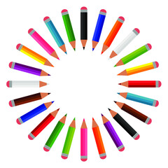 Circle of 24 colored pencils in the shape of a sun. Twelve colors bright crayons frame, flat cartoon design. Writing implement, school supplies. Isolated on white background. Vector illustration