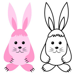 Two hare pink and black and white color isolated on a white background coloring book. Vector image