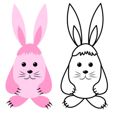 Two hare pink and black and white color isolated on a white background coloring book. Vector image