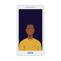 black man cartoon in smartphone design, Boy male person people human social media and portrait theme Vector illustration