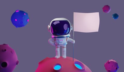 3D rendering concept illustration of astronaut character standing on strange planet holding flagpole