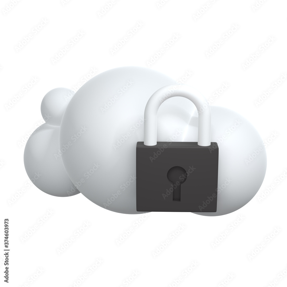 Poster 3D cloud with padlock icon. Cloud technology security concept. 3D rendering