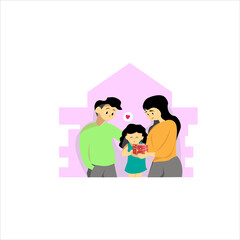 Vector design concept. A gift from family for your beloved child. The girl is happy and loving. Minimalist color background