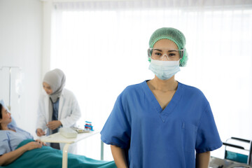 Asian female doctor or Nurse Wearing medical Protective Mask and glasses on face. Protection for Coronavirus COVID-19