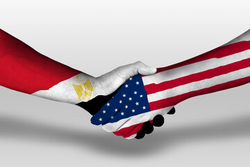 Handshake between united states of america and egypt flags painted on hands, illustration with...