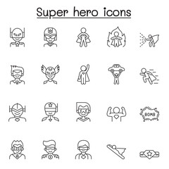 Set of Super hero Related Vector Line Icons. Contains such Icons as mask, costume, power, action, weapon and more. - obrazy, fototapety, plakaty