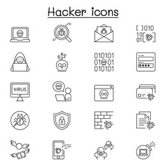 Set of Hacker Related Vector Line Icons. Contains such Icons as spy, virus computer, malware, spam, firewall, computer security, password, application, steal and more.