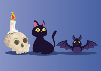 Halloween skull candle cat and bat cartoons vector design