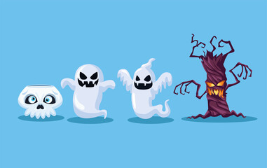 Halloween skull ghosts and tree cartoons vector design