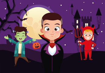 boys with halloween costumes in front of house at night vector design