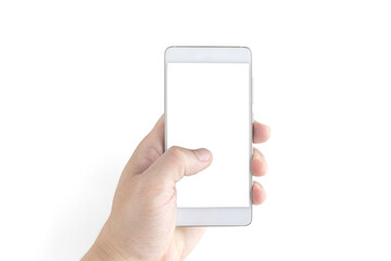 Hand of a white man holding a white smartphone and a white screen at a isolate background with clipping path.