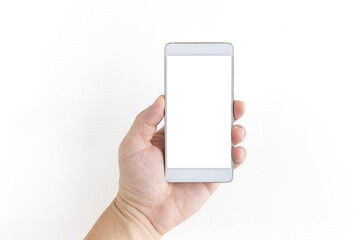 Hand of a white man holding a white smartphone and a white screen at a isolate background with clipping path.design for banner and advertising.