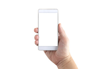 Hand of a white man holding a white smartphone and a white screen at a isolate background with clipping path.design for banner and advertising