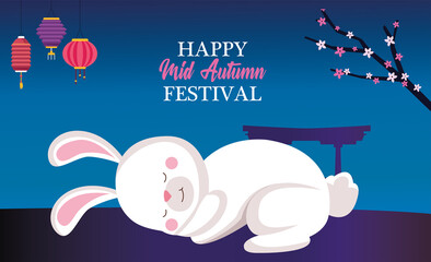 rabbit cartoon sleeping with lanterns and tree vector design