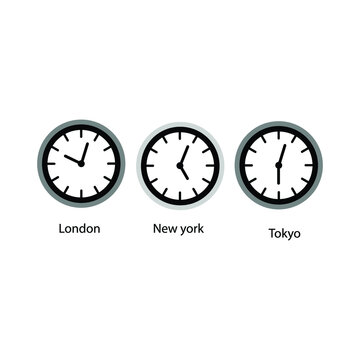 Vector illustration Time zone clocks, time zones day and night clock, world big cities time difference.