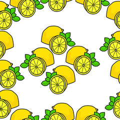 Seamless pattern from a set of lemons arranged in a square frame with a group of fruits in the center, citruses whole and half, vector illustration