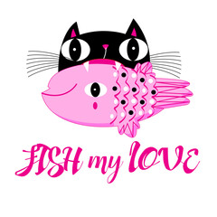 Vector illustration of a lovely funny cat with a fish