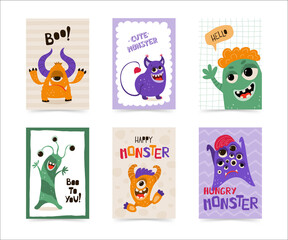 Collection hildren's posters with funny monster in cartoon style. Cute concept with lettering for kids print. Illustration for the design postcard, textiles, apparel. Vector