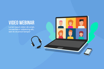 Webinar, online meeting, video conference and group discussion, office work, video call with co-workers and clients. Isometric style laptop screen and online video meeting concept. Web banner template