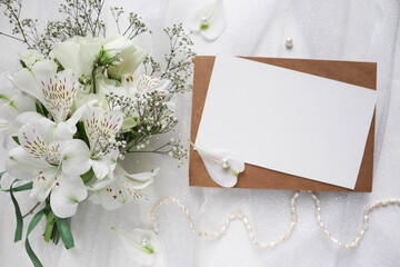 postcard layout. wedding card with a bouquet of white flowers. invitation. congratulation