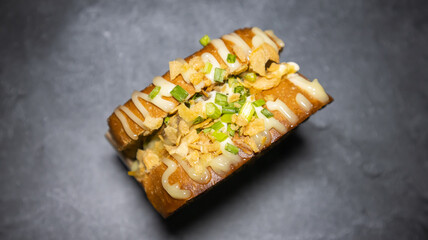 Garlic sauce meat toast in closed-up view for social media, restaurant or cafe menu