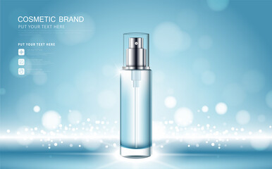 cosmetic product poster, bottle package design with moisturizer cream or liquid, sparkling background with glitter polka.