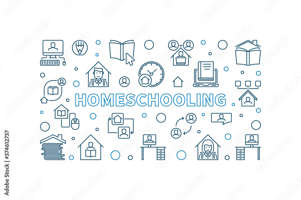 Poster homeschooling outline vector education concept minimal horizontal illustration or banner