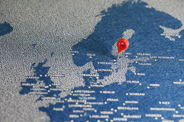 the pin and handmade map in northern europe