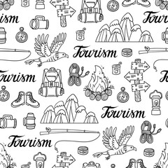 Vector seamless pattern on the theme of tourism and travel. Cartoon background with isolated  symbols of camping equipment, wild birds, nature
