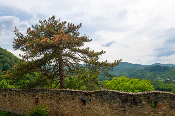 the stone and brick walls of the ancient and abandoned fortress on the top of the hill