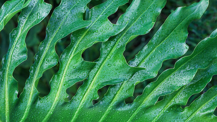 Closeup of large philodendron leaf freshly wet after a rain, with soft lighting, shallow depth of field and selective focus