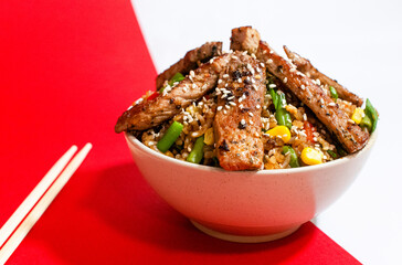 spicy asian rice with meat isolation, concept food